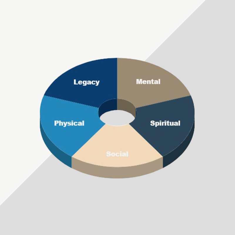 A cirlce graphic with 5 sections: Mental, Spiritual, Social, Physical and Legacy.